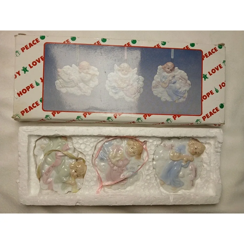 1996 Vintage H.O.L. 3 Ceramic Angel Ornaments Joy To The World Peace On Earth‎